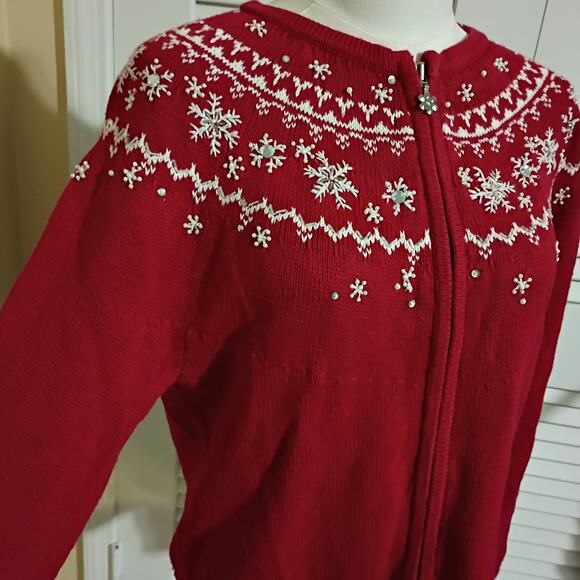 Christmas Cardigan Sweater Small Red Pearls Jewels Snowflakes Raglan-Sleeve - Picture 1 of 12